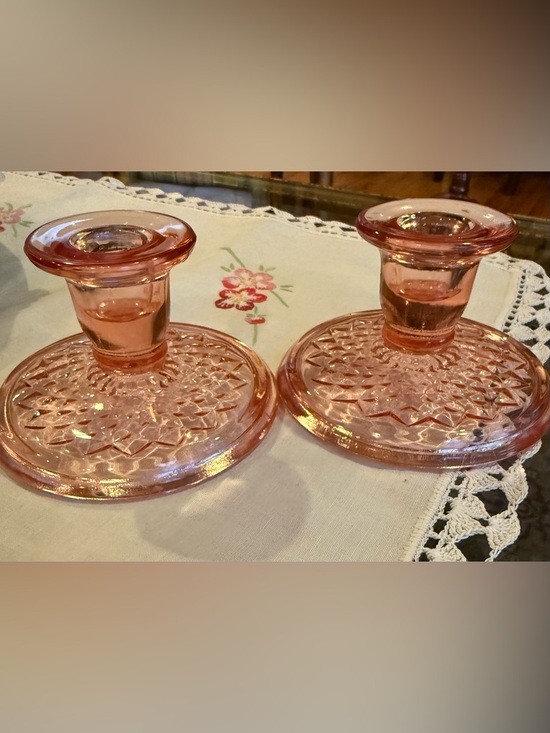 Imperial Glass Other - Vintage Diamond Quilted Pink  Glass Candlestick Holders Imperial Glass